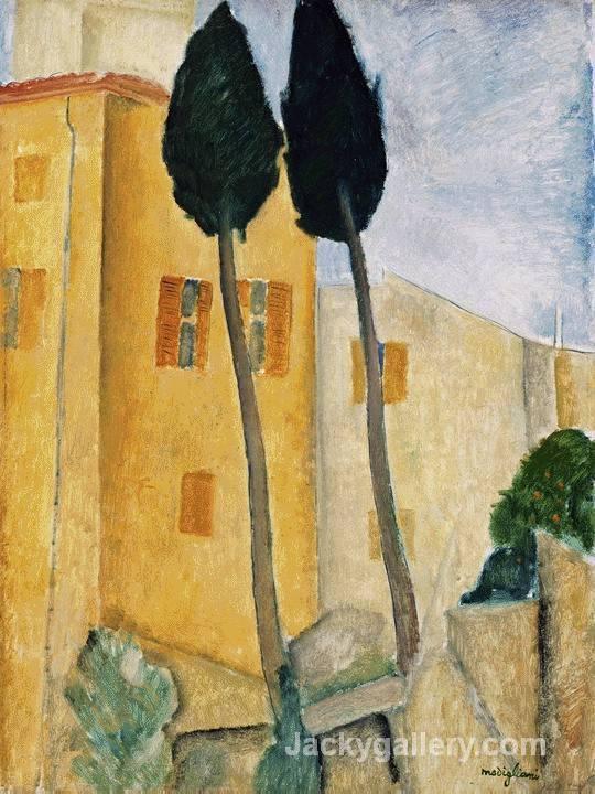 Cypress Trees and Houses, Midday Landscape by Amedeo Modigliani paintings reproduction